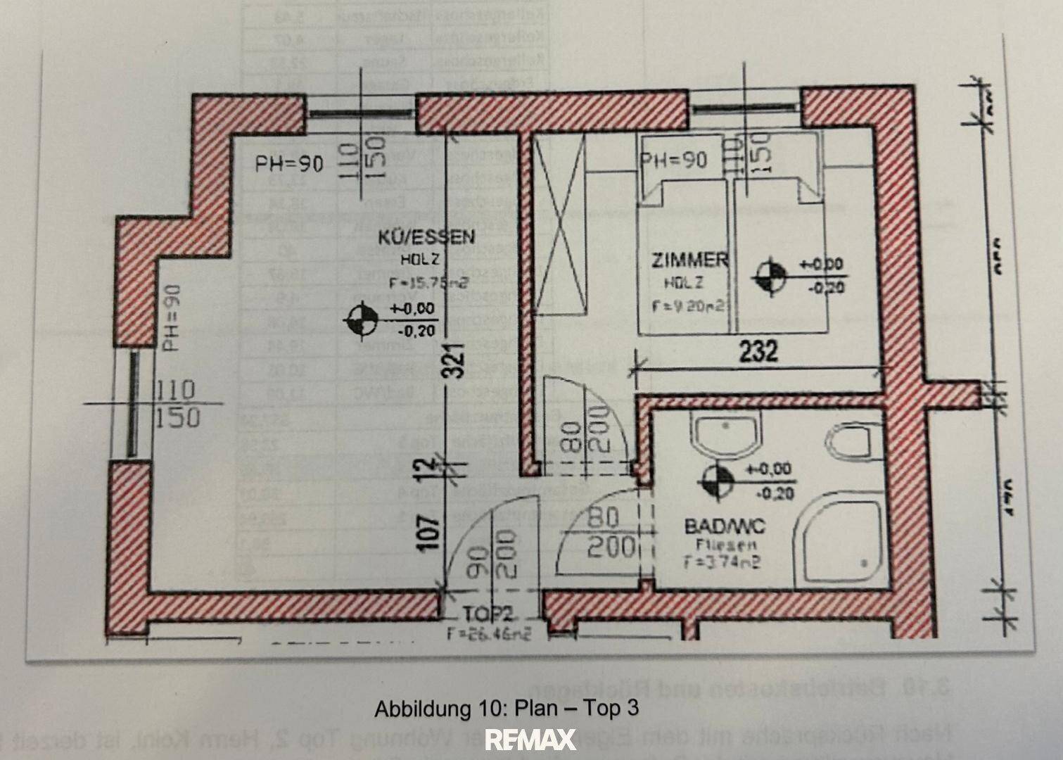 Grundrissplan einer Wohnung mit Küche/Essbereich, Schlafzimmer und Bad/WC.