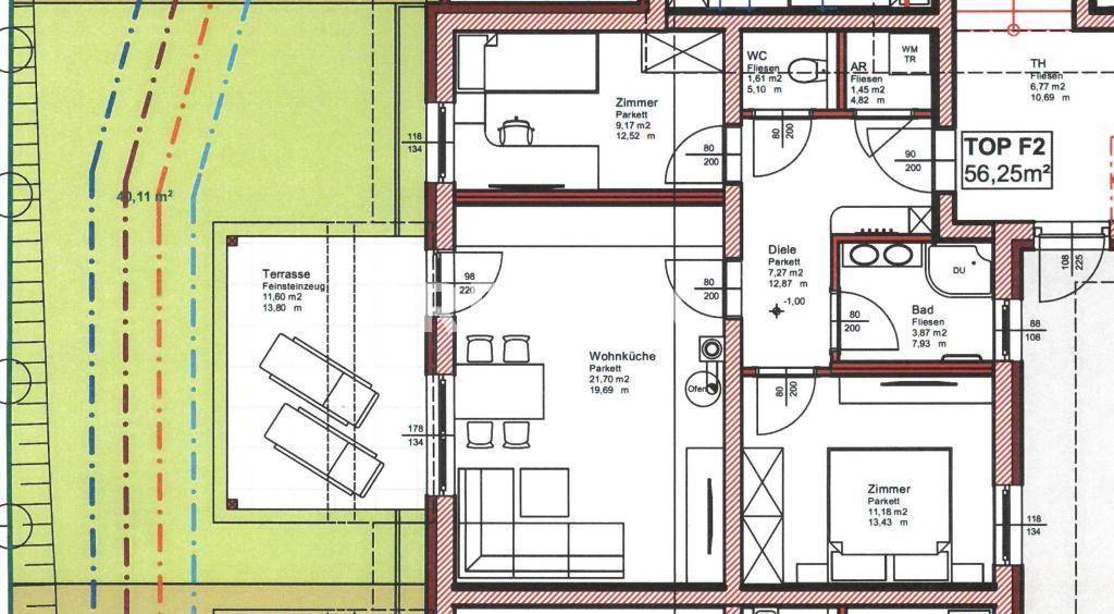 F2 mit 56,25m² und 2 Schlafzimmern