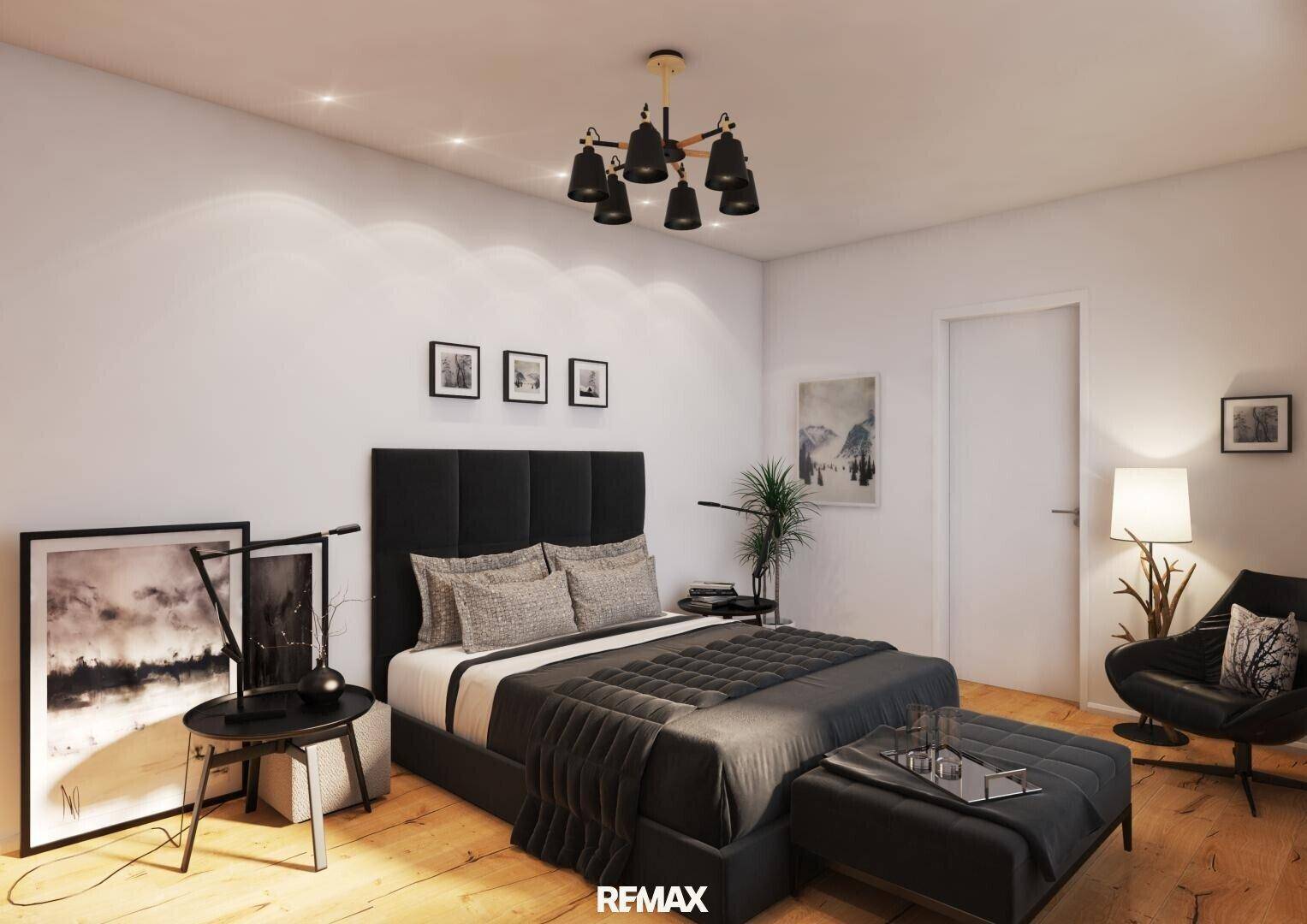Elegantes Schlafzimmer mit Holzboden, dunklem Bett und moderner Beleuchtung.