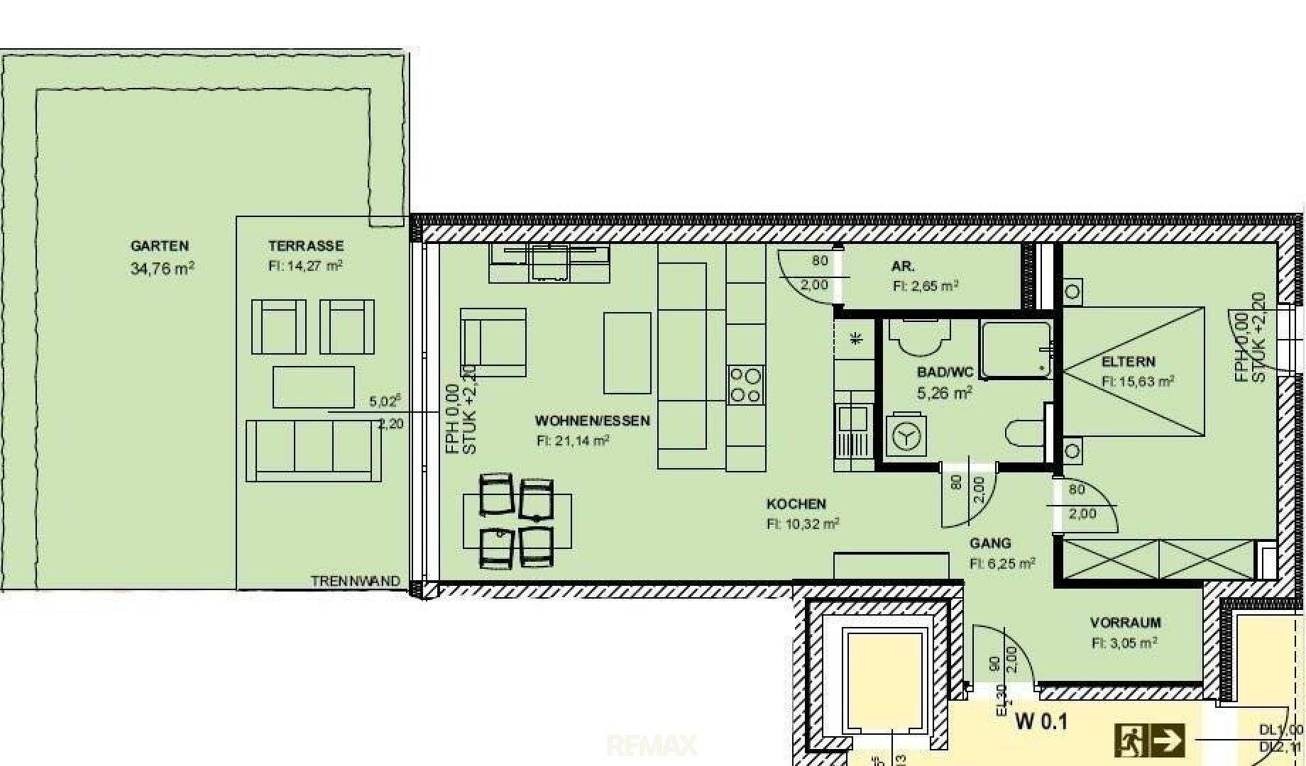Detaillierter Grundriss der Wohnung W 0.1 mit großzügiger Terrasse und privatem Gartenbereich.