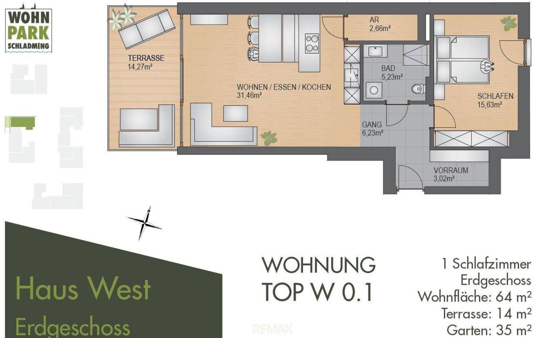 Grundriss der Wohnung Top W 0.1 mit offenem Wohnbereich, Terrasse und Garten.