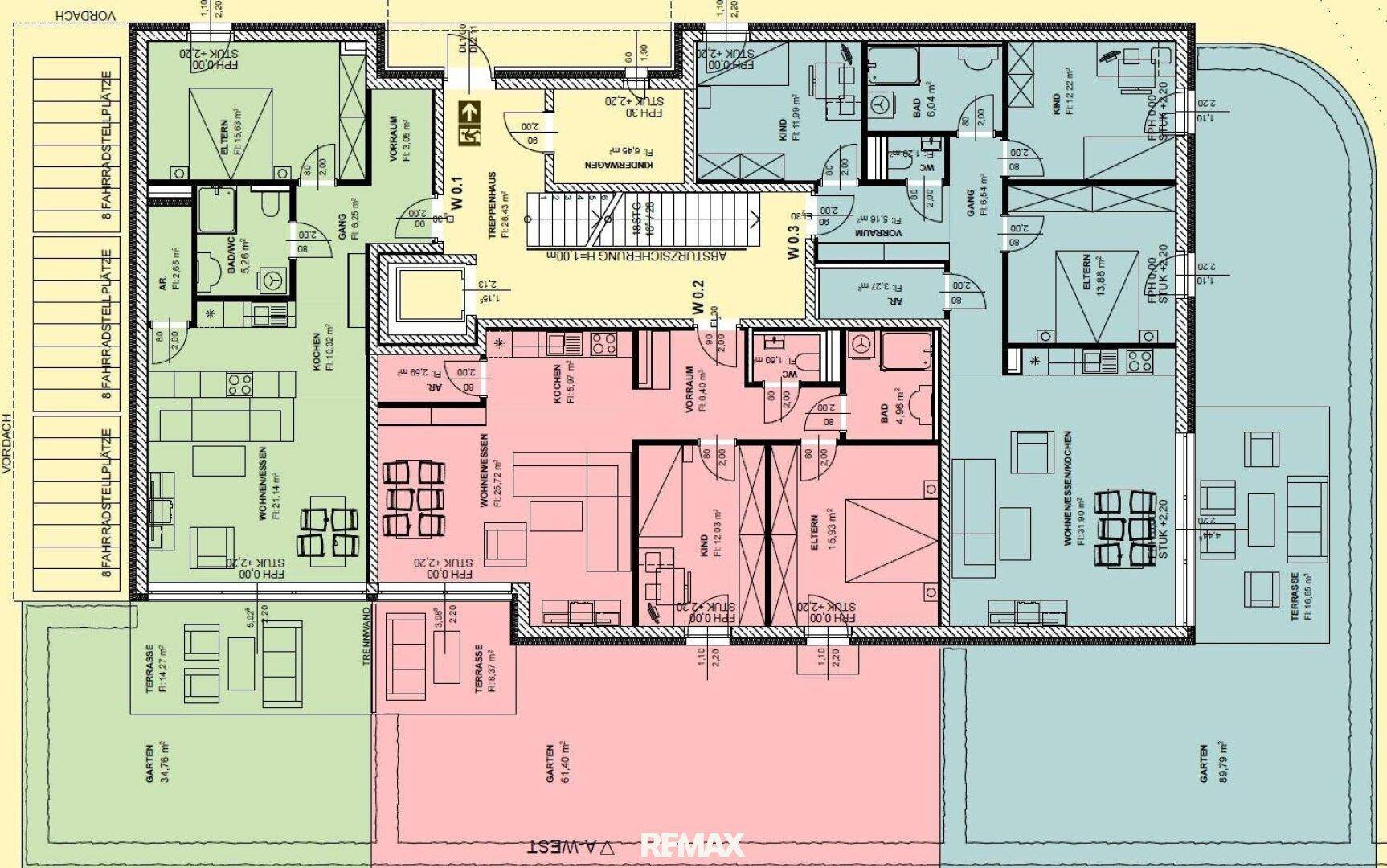 Gesamtgrundriss des Erdgeschosses mit mehreren Wohneinheiten, Terrassen und Gärten.