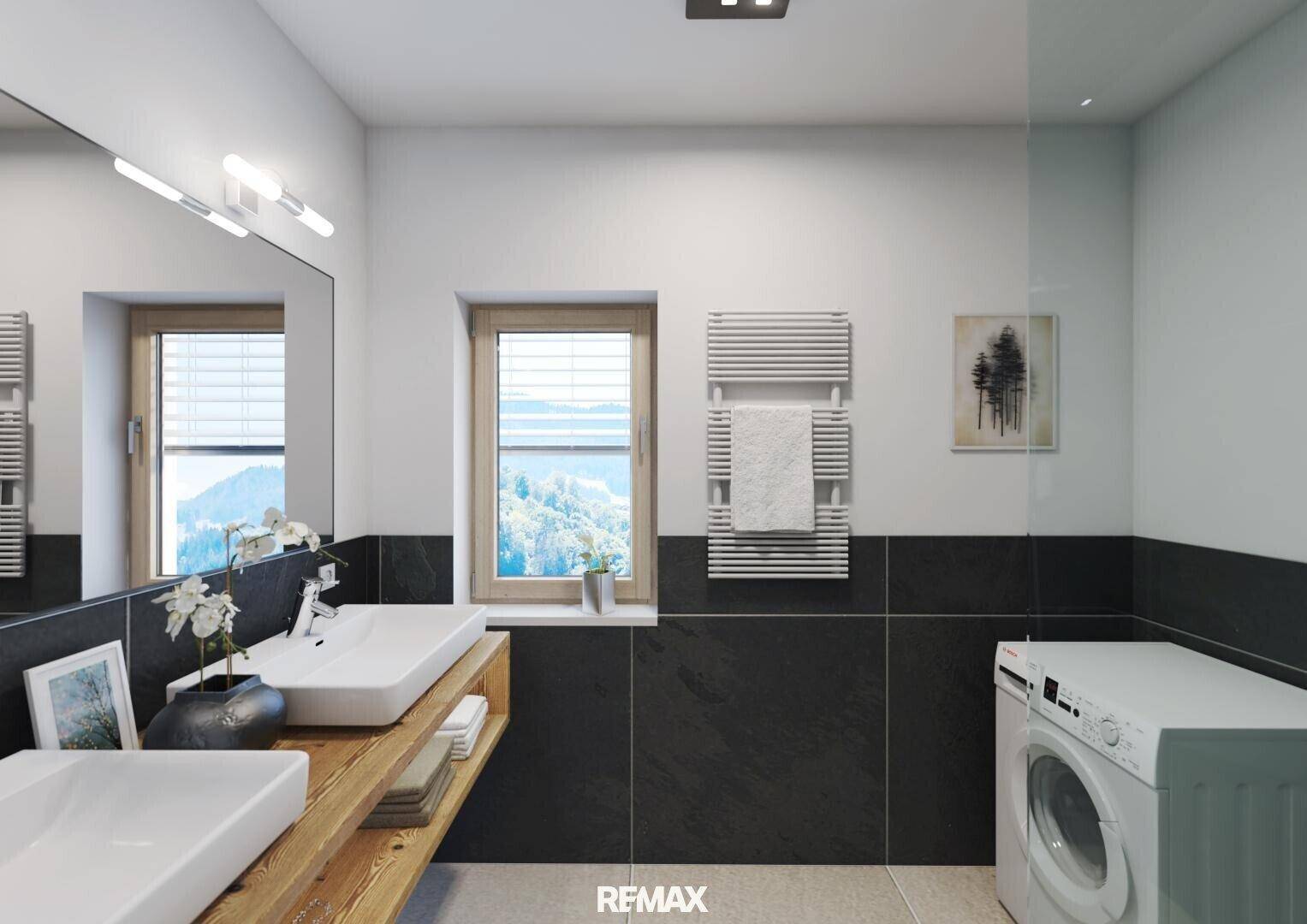 Modernes Badezimmer mit Doppelwaschbecken, Waschmaschine und Fenster mit Bergblick.