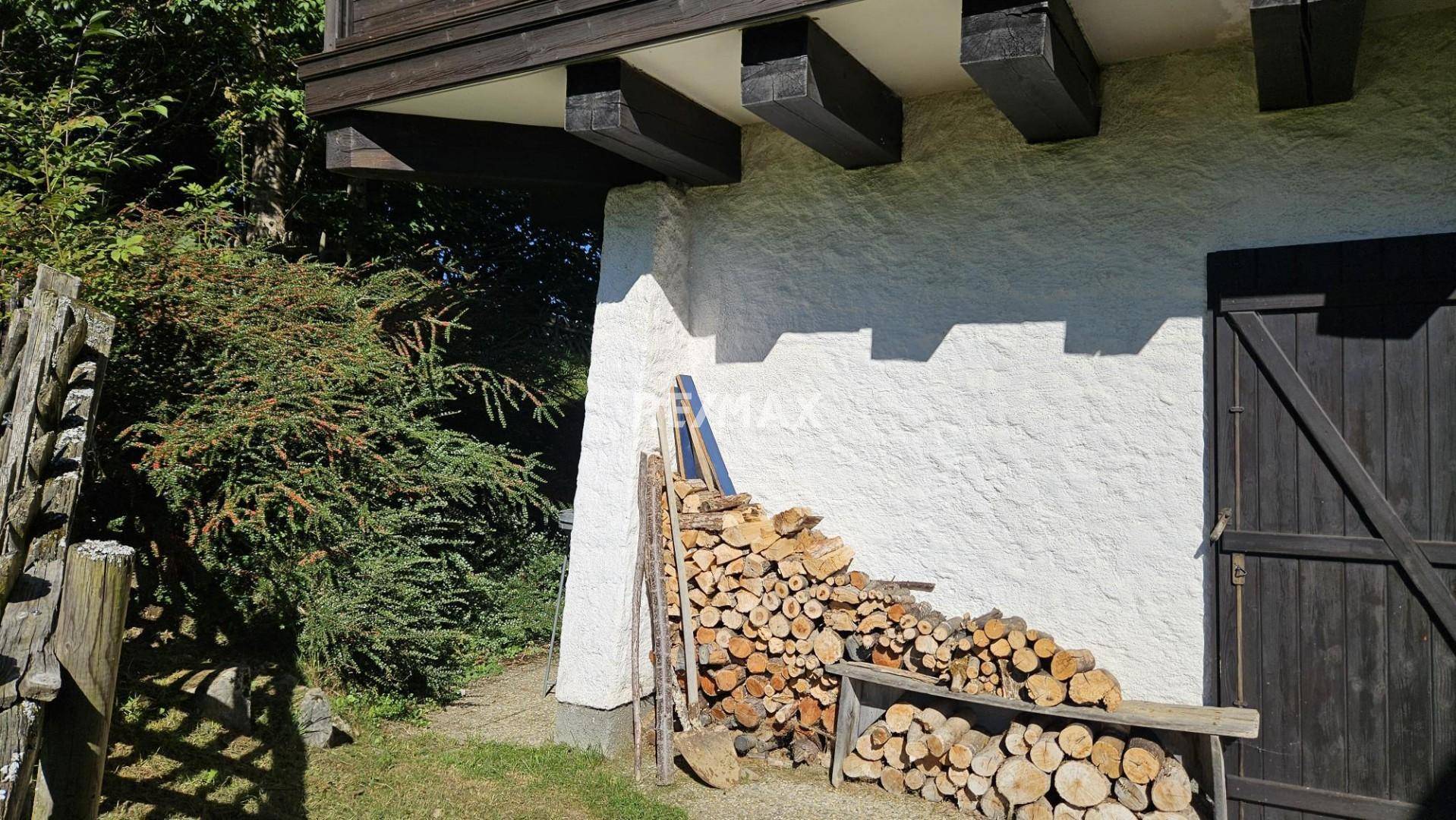 Seitenansicht des Hauses mit gestapeltem Brennholz und rustikaler Holztür.