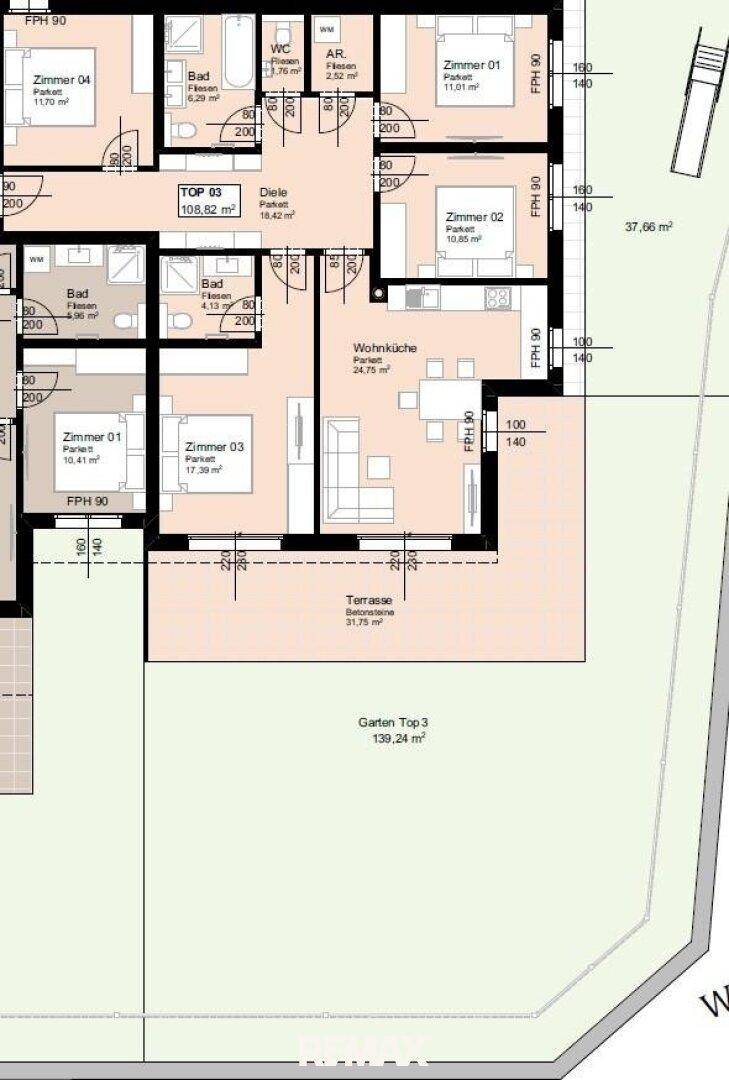 Detaillierter Grundriss einer Wohnung mit vier Schlafzimmern, offener Wohnküche, mehreren Bädern, Terrasse und großem Garten.