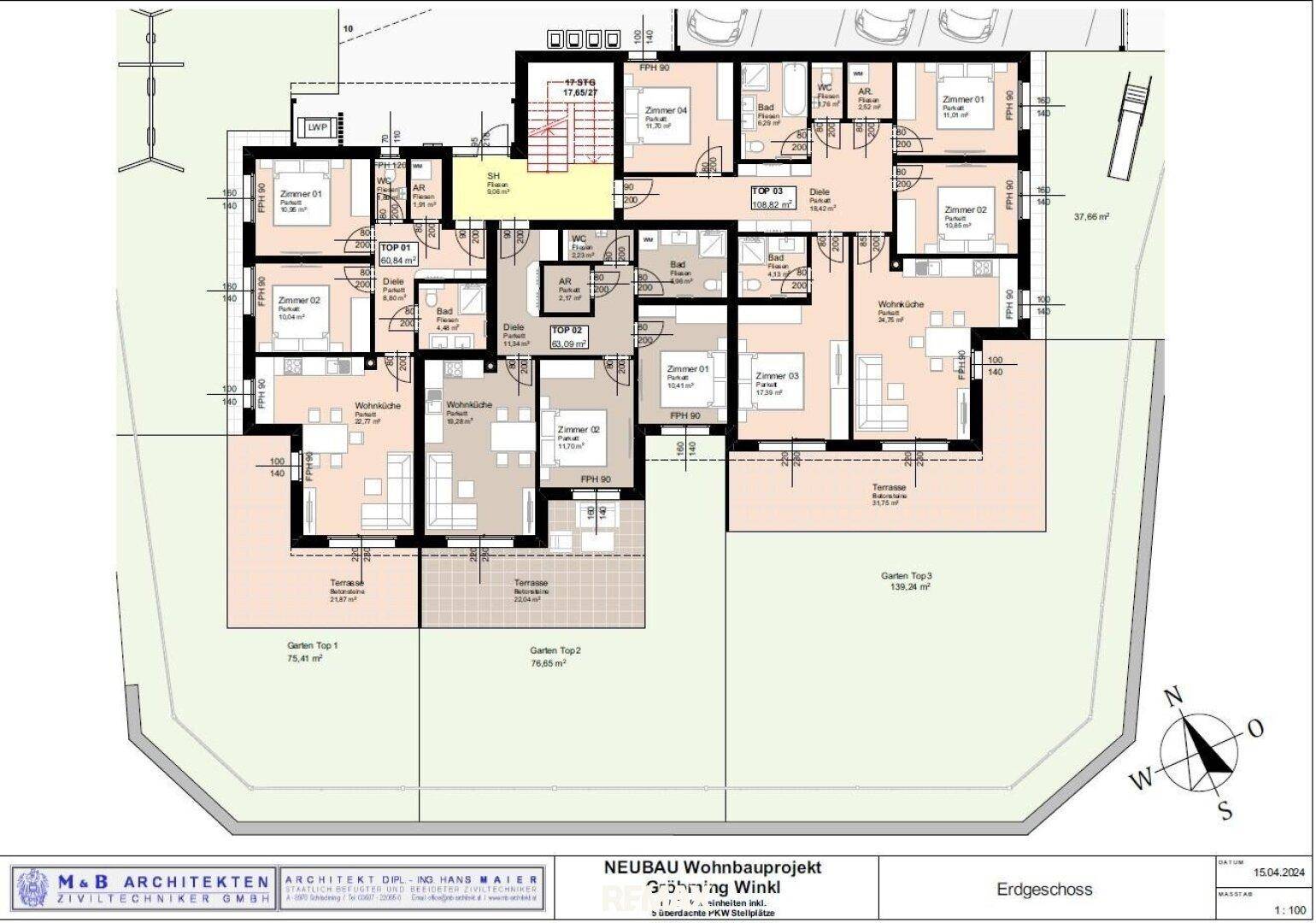 Grundriss des Erdgeschosses mit mehreren Wohneinheiten, Terrassen und privaten Gärten.