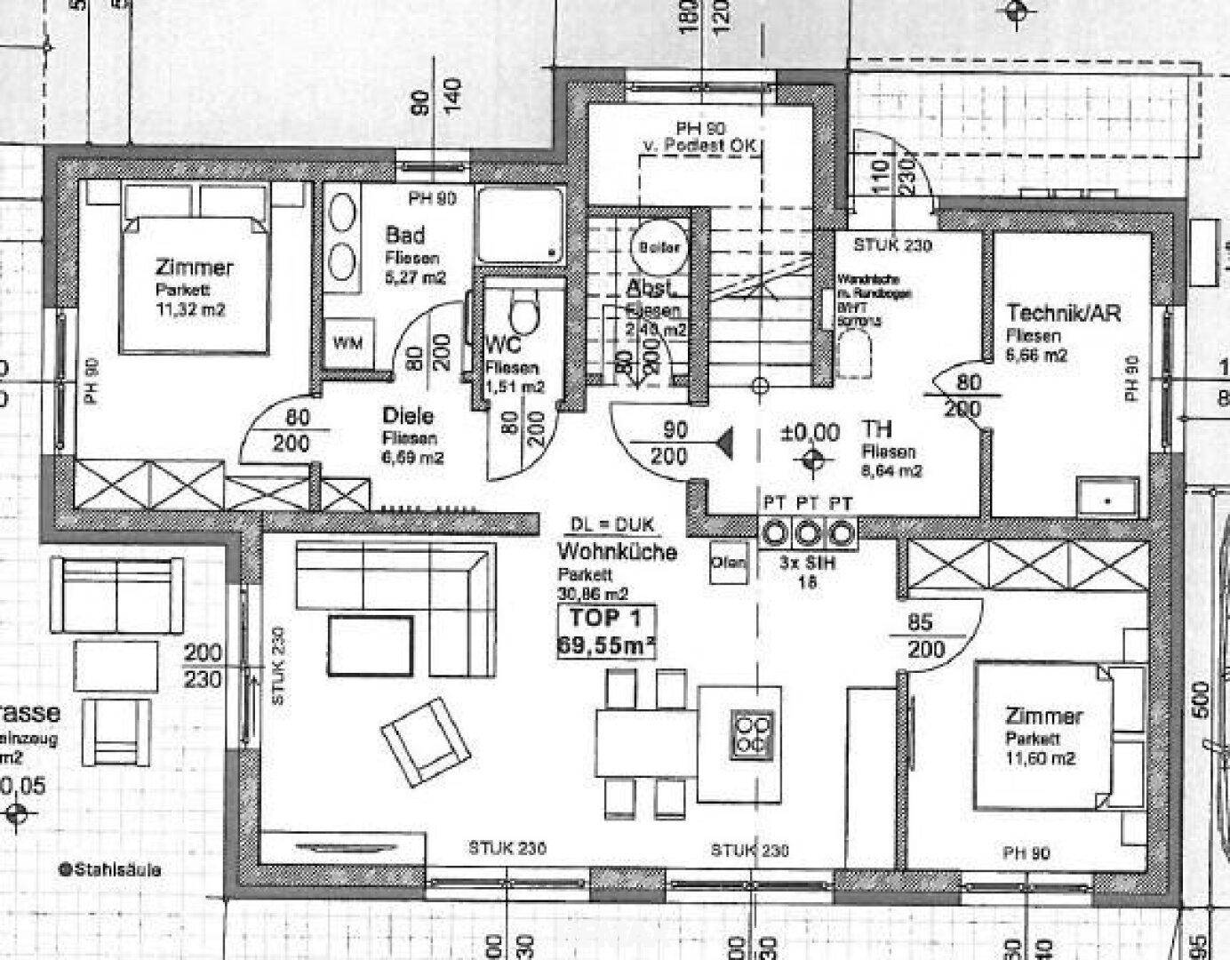Grundriss der Wohnung mit zwei Schlafzimmern, Wohnküche und Terrasse.
