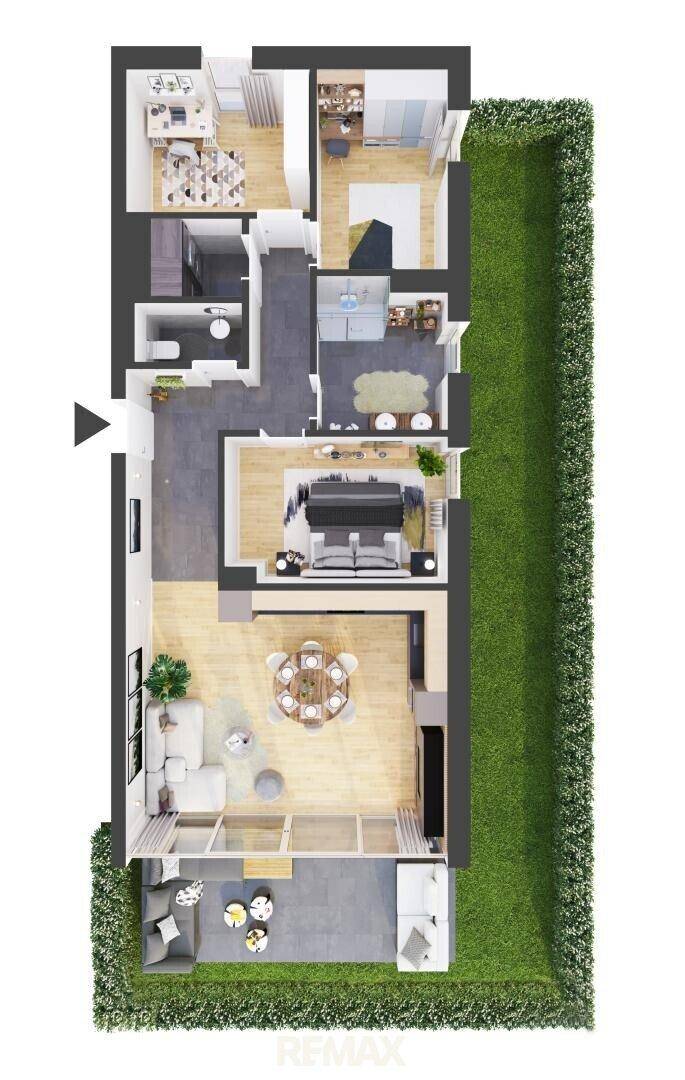 Möblierter Grundriss einer Wohnung mit Terrasse und angrenzendem Gartenbereich.