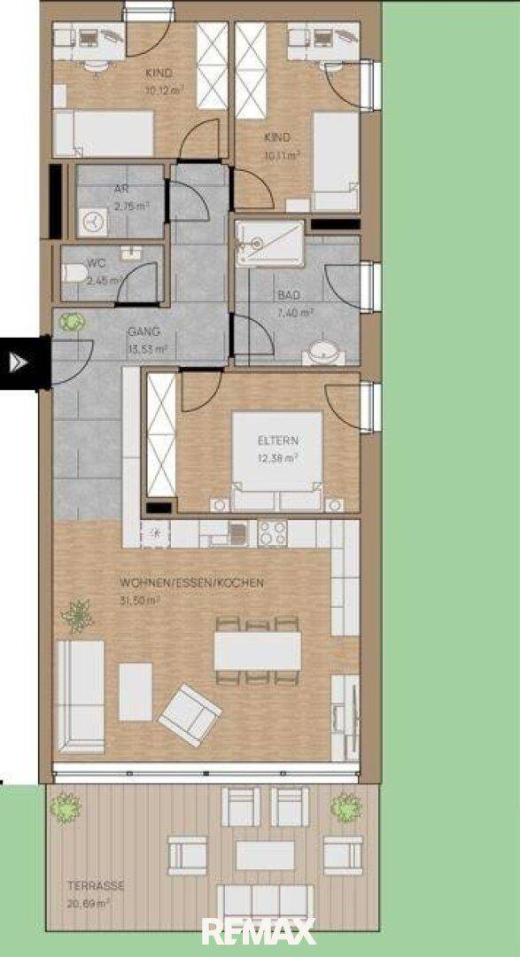 Detaillierter Grundriss einer Wohnung mit offenem Wohn-Ess-Kochbereich und großer Terrasse.
