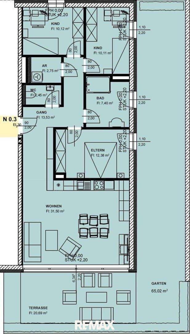 Technischer Grundriss einer Wohnung mit Maßen, Terrasse und Gartenbereich.
