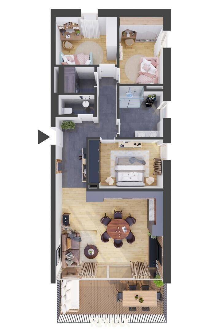 Möblierter Grundriss einer Wohnung mit offenem Wohnbereich und Balkon.