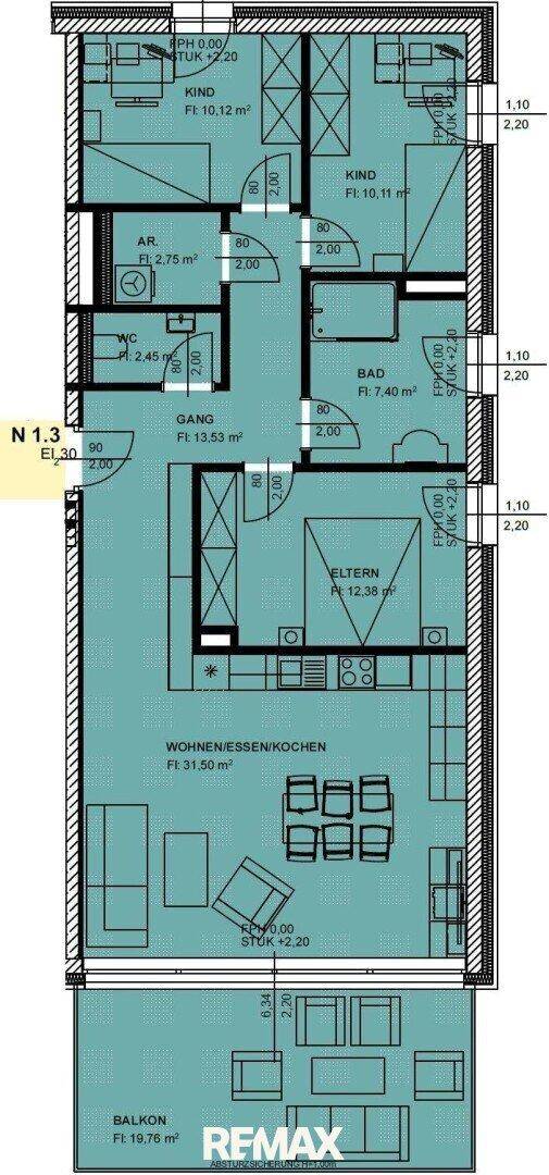 Farbiger Grundriss einer Wohnung mit klar definierten Bereichen und Balkon.
