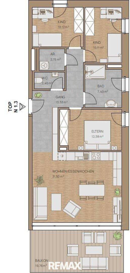 Detaillierter Grundriss einer Wohnung mit Raumaufteilung und Balkon.