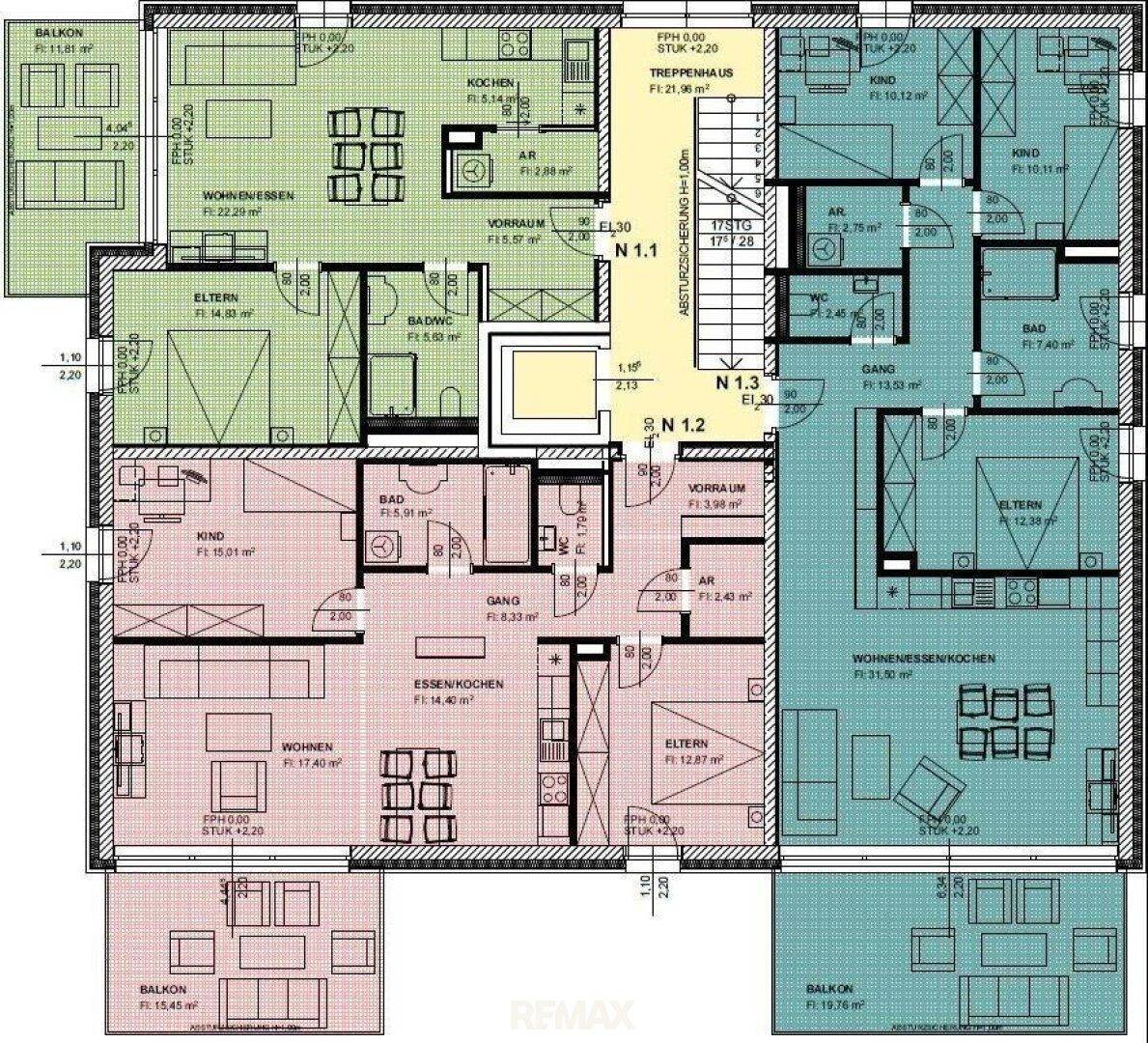 Gesamtgrundriss einer Etage mit mehreren Wohneinheiten und Balkonen.