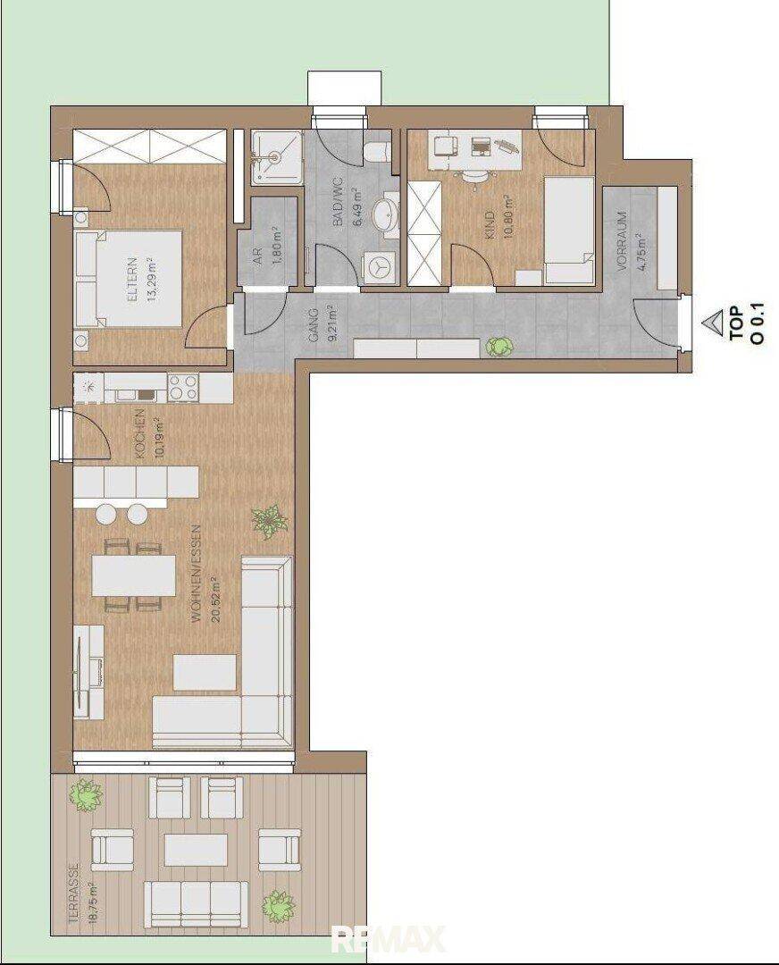Grundriss einer Wohnung mit offenem Wohn-Essbereich, Schlafzimmer, Kinderzimmer und großer Terrasse.