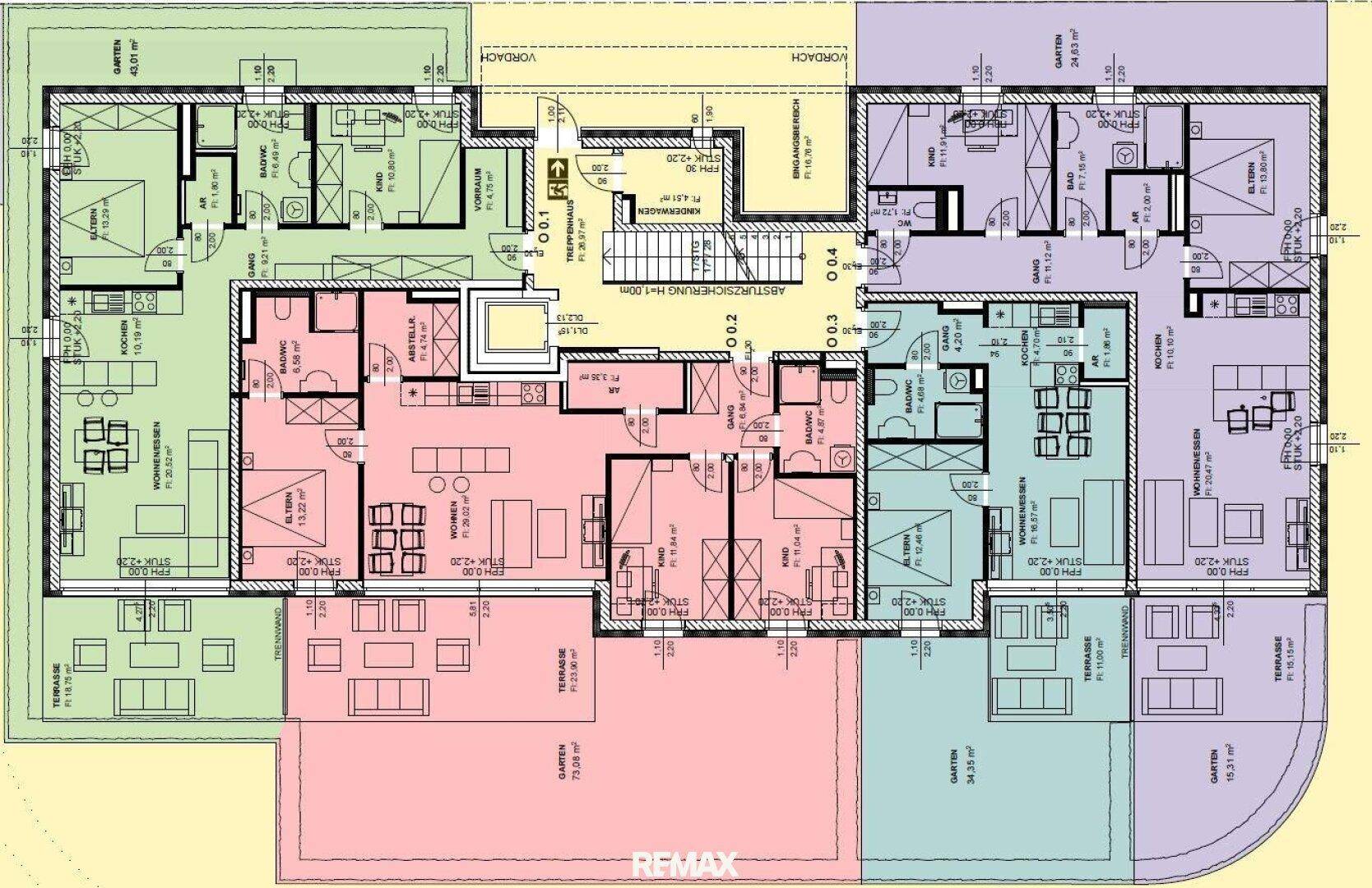 Gesamtgrundriss eines Gebäudes mit mehreren Wohnungen, Terrassen und Gärten auf einer Etage.
