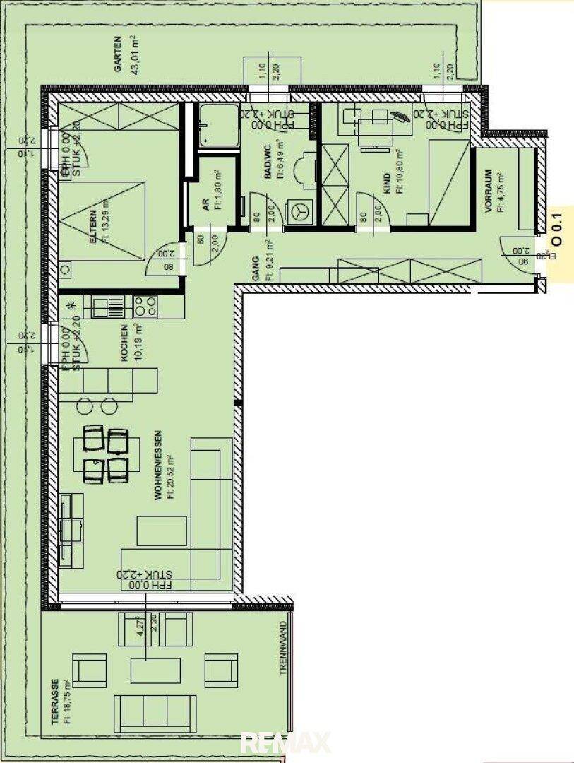 Grundriss einer Wohnung mit offenem Wohn-Essbereich, Schlafzimmer, Kinderzimmer und großer Terrasse mit Garten.
