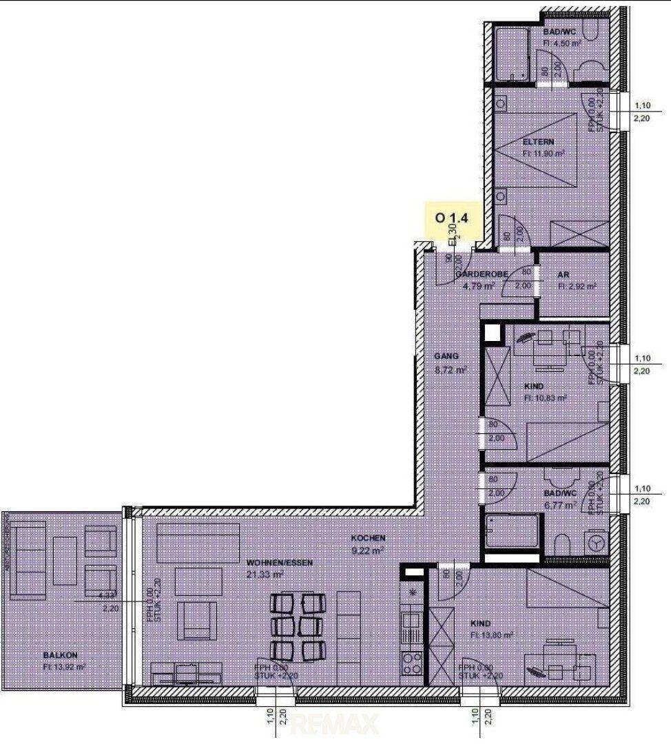 Farbiger Grundriss einer Wohnung mit Balkon, Wohn-Essbereich und mehreren Schlafzimmern.