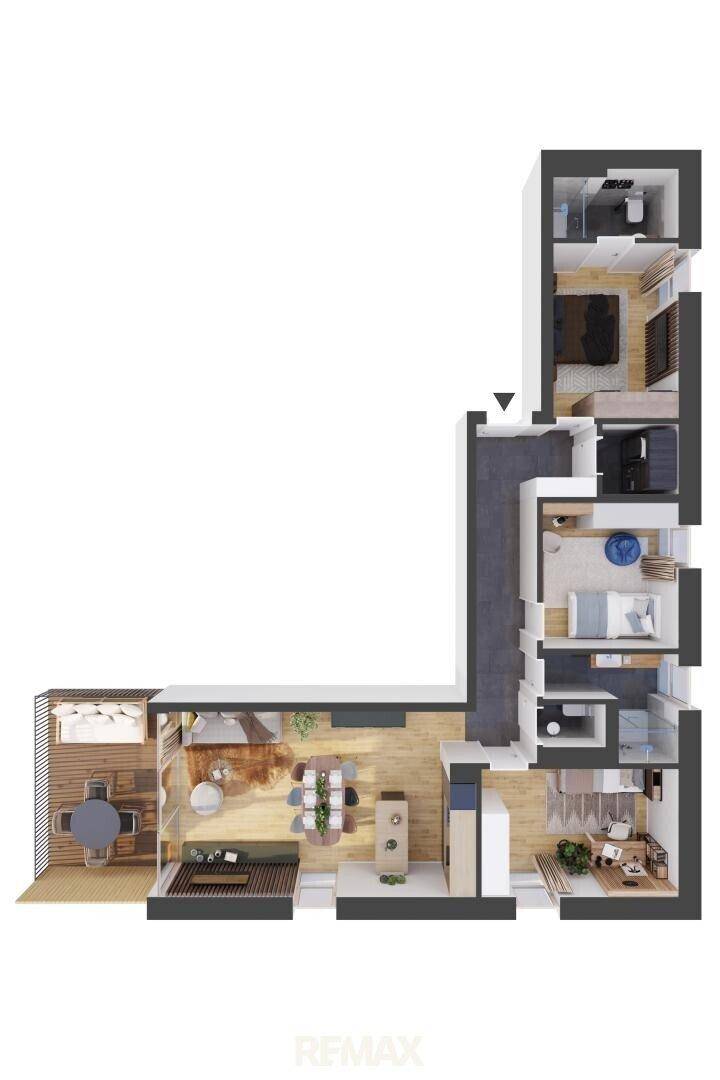 3D-Grundriss einer möblierten Wohnung mit Balkon, offener Küche und Schlafzimmern.