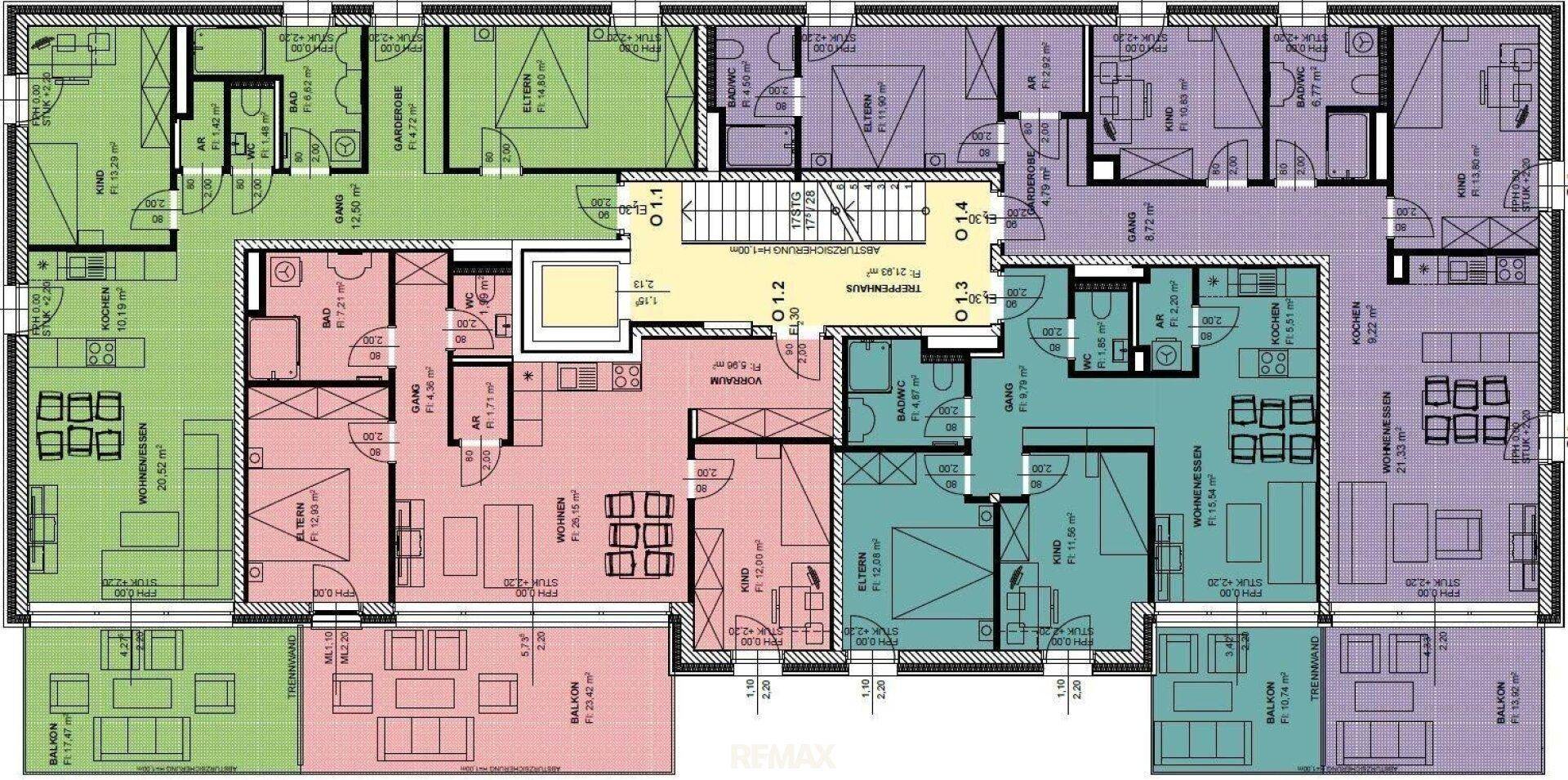 Übersichts-Grundriss einer Etage mit verschiedenen Wohneinheiten und deren Raumaufteilung.
