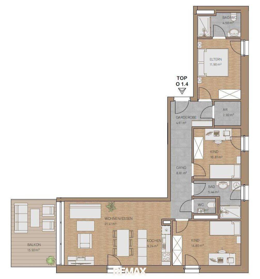 Detaillierter Grundriss einer Wohnung mit mehreren Zimmern, Balkon und klarer Raumaufteilung.
