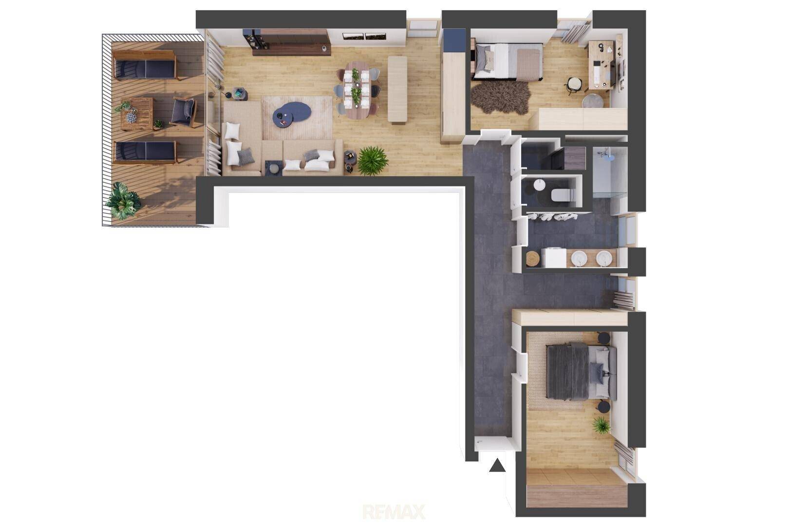 Detaillierter Grundriss einer Wohnung mit offenem Wohnbereich, zwei Schlafzimmern und einem großen Balkon.