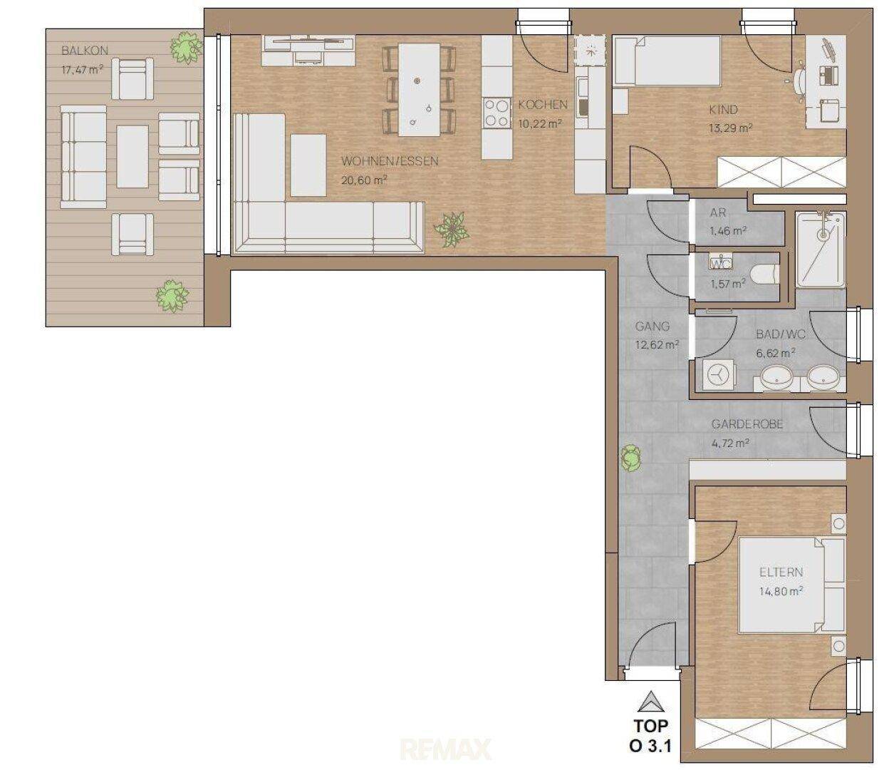 Detaillierter Grundriss einer Wohnung mit offenem Wohnbereich, Balkon und zwei Bädern.