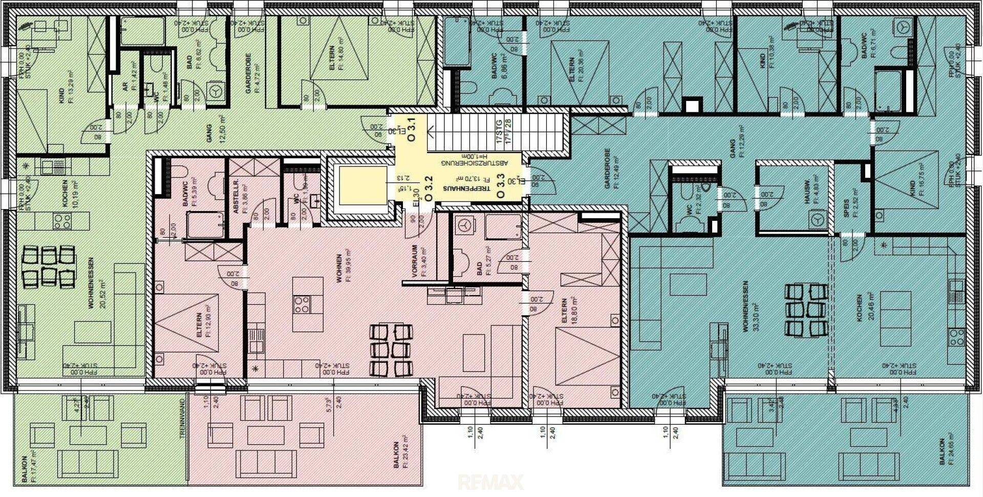 Übersichts-Grundriss einer Etage mit mehreren Wohnungen und Balkonen.