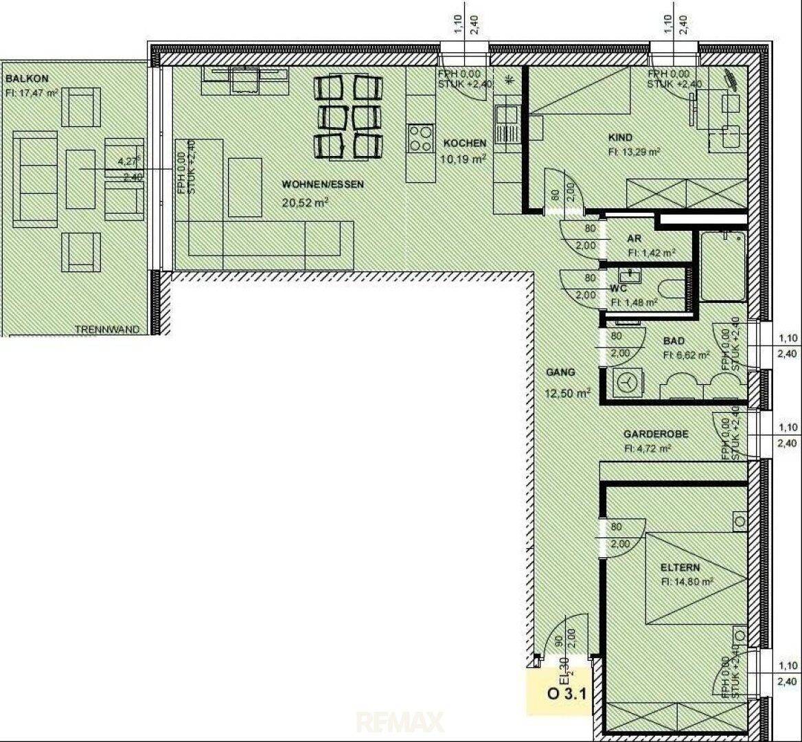 Farbiger Grundriss einer Wohnung mit großem Balkon, offenem Wohnbereich und zwei Bädern.
