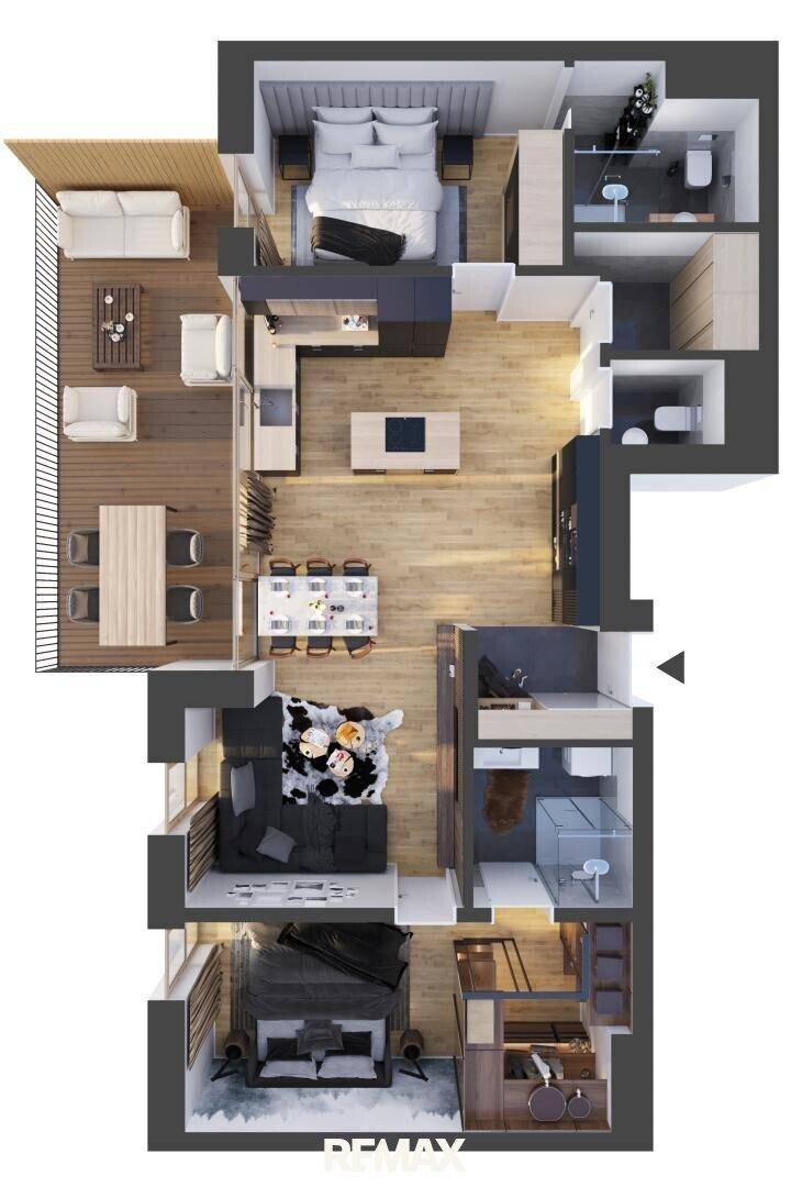 Moderner Grundriss mit möblierten Räumen, offenem Wohnbereich, zwei Schlafzimmern und Balkon.