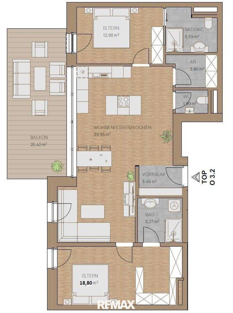 Detaillierter Grundriss einer Wohnung mit offenem Wohn-/Ess-/Kochbereich, zwei Schlafzimmern und großem Balkon.