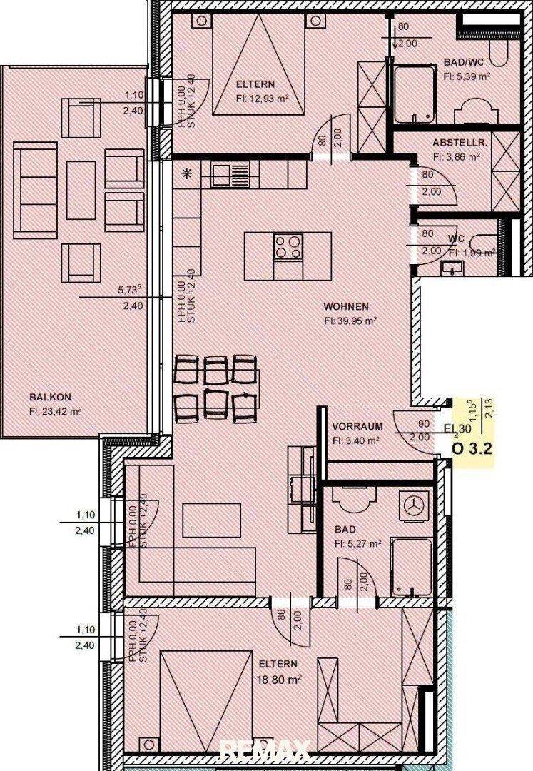 Detaillierter Grundriss mit Raummaßen, zwei Schlafzimmern, offenem Wohnbereich und Balkon.
