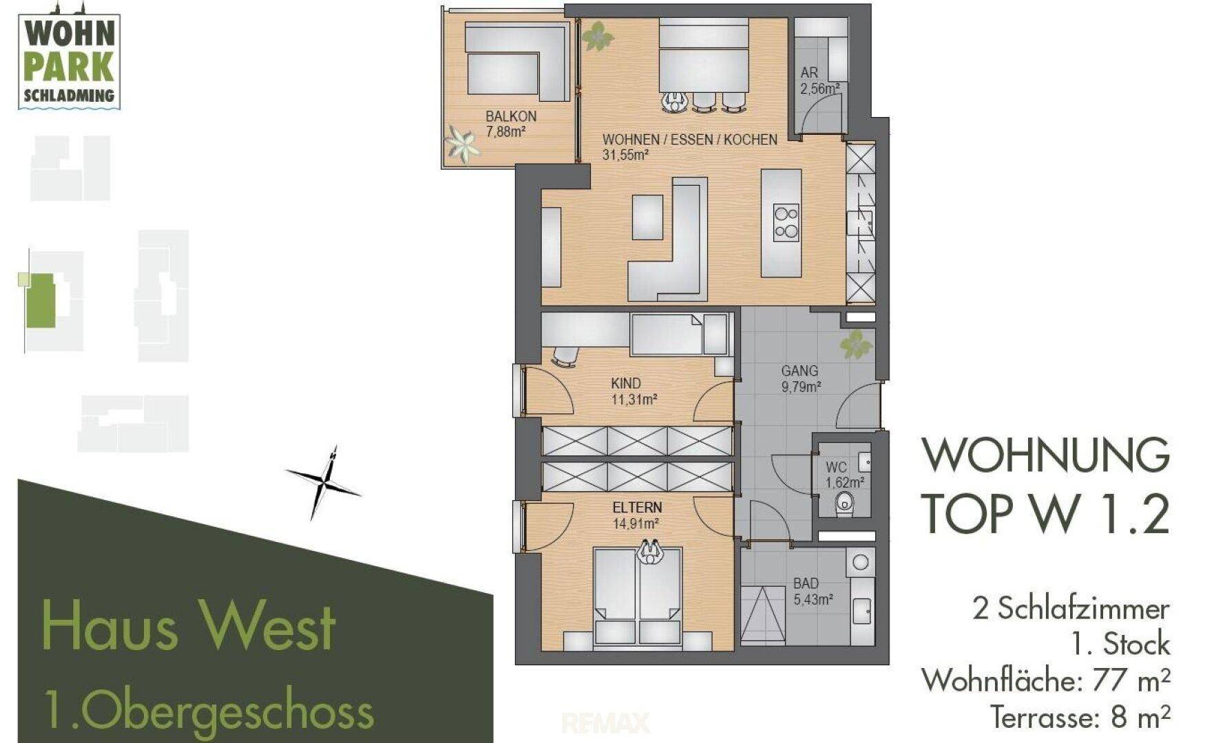 Detaillierter Grundriss der Wohnung Top W 1.2 mit offenem Wohnbereich und Balkon.