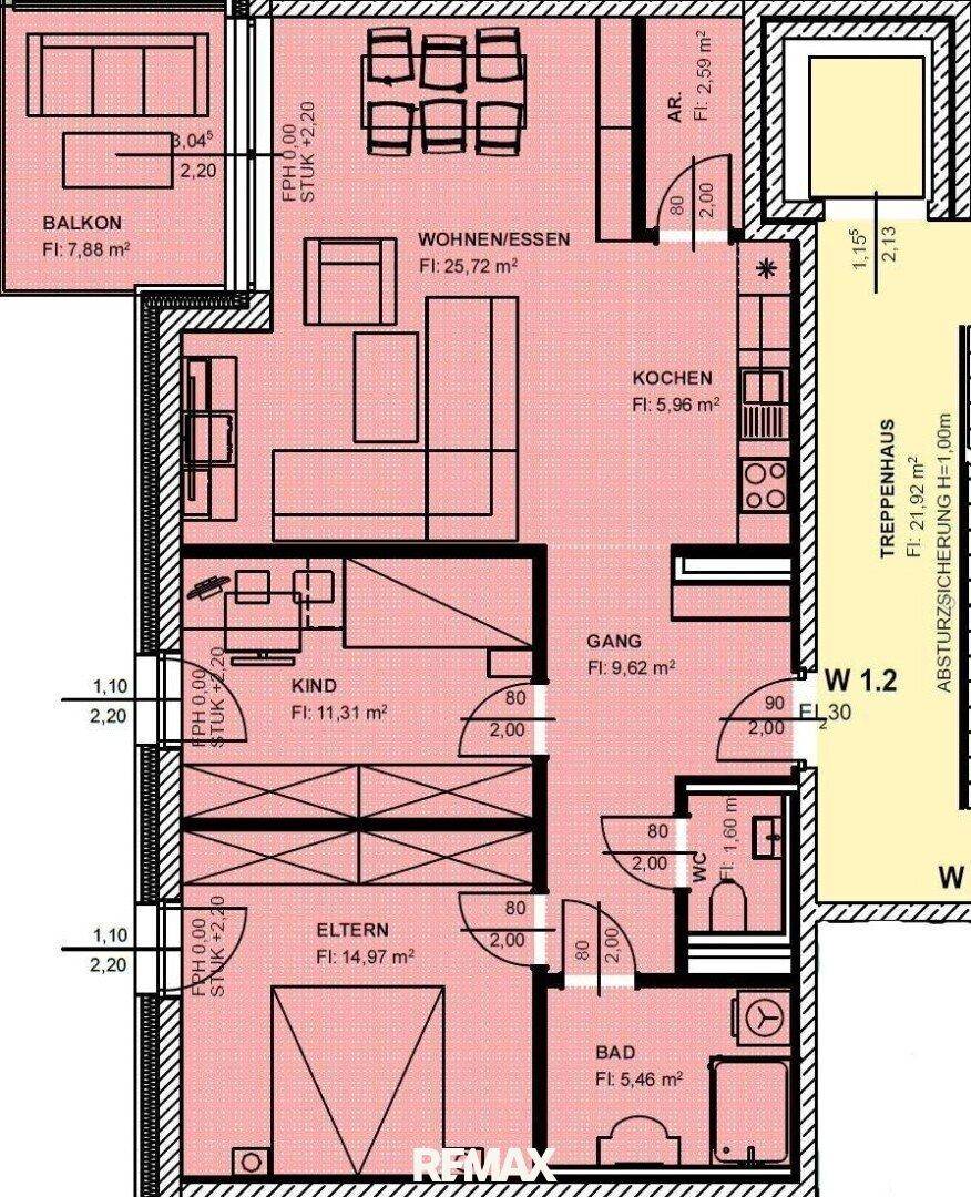 Detaillierter Grundriss der Wohnung W 1.2 mit Raumaufteilung und Balkonzugang.