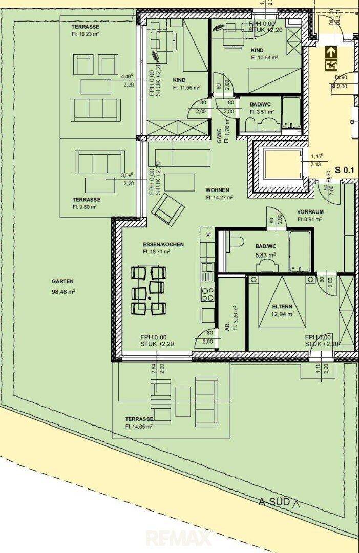 Ausschnitt des Grundrisses einer Erdgeschosswohnung mit großem Garten und mehreren Terrassenbereichen.