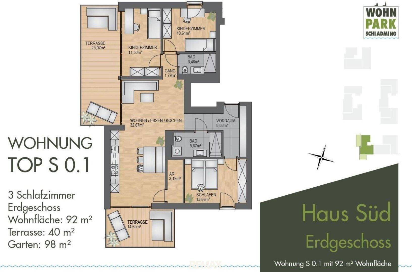 Detaillierter Grundriss einer Erdgeschosswohnung mit drei Schlafzimmern, Terrassen und Garten.