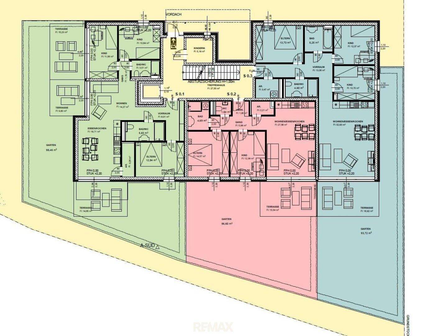 Detaillierter Grundriss mit mehreren Wohneinheiten, Terrassen und Gartenbereichen.