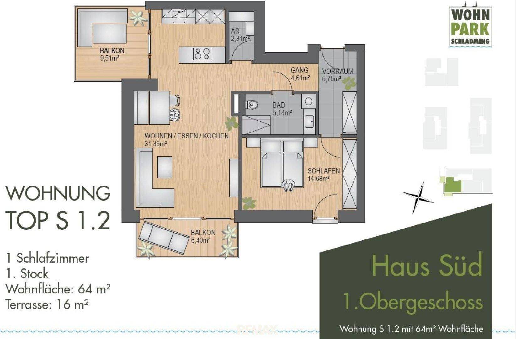 Grundriss der Wohnung S 1.2 mit offenem Wohn-Essbereich, einem Schlafzimmer und zwei Balkonen.