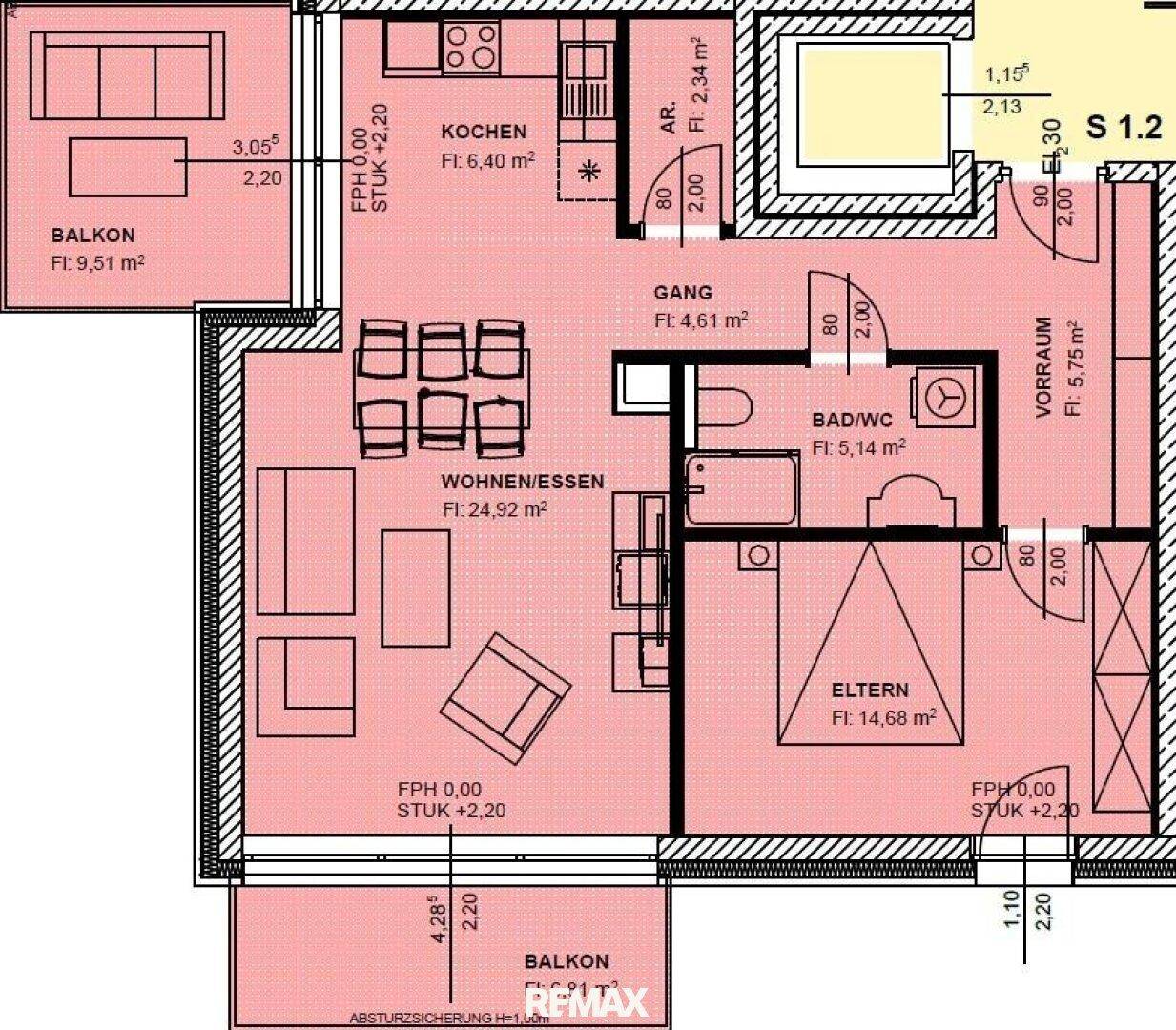 Detaillierter Grundriss der Wohnung mit Wohn-Essbereich, Küche, Schlafzimmer und Bad/WC.