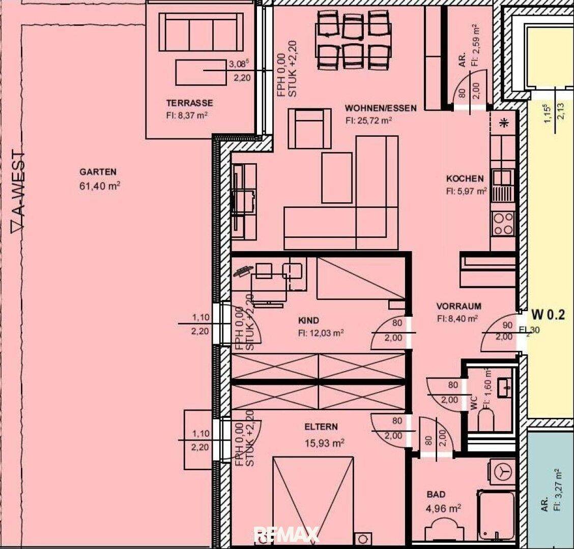 Detaillierter Grundriss einer Erdgeschosswohnung mit Terrasse, Garten und offenem Wohnbereich.