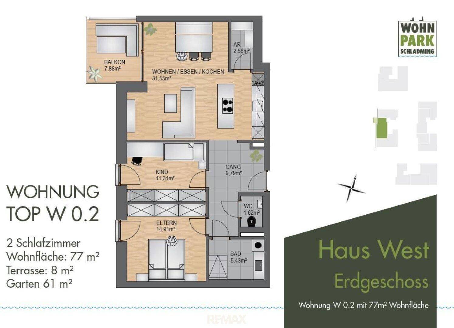 Grundriss der Wohnung Top W 0.2 mit zwei Schlafzimmern, Balkon, Terrasse und Garten.