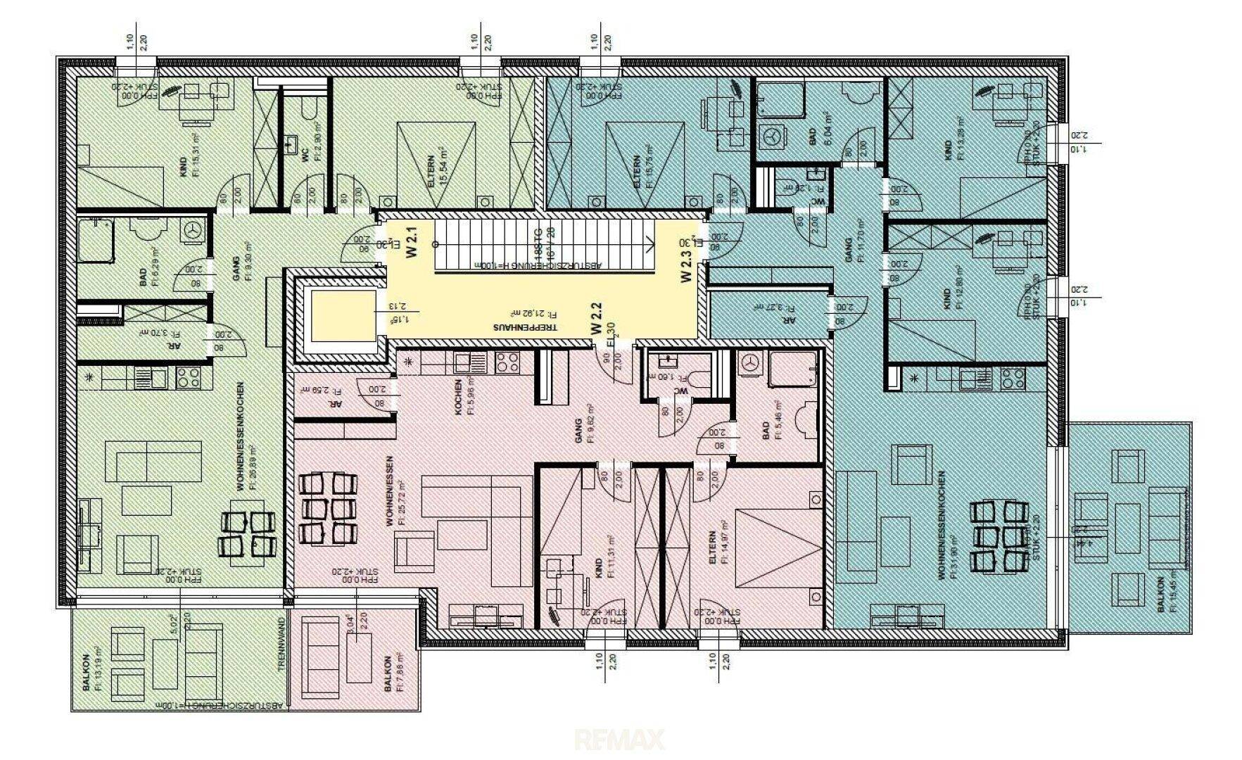 Gesamtgrundriss einer Etage mit mehreren Apartments, inklusive Schlafzimmern und Wohnbereichen.