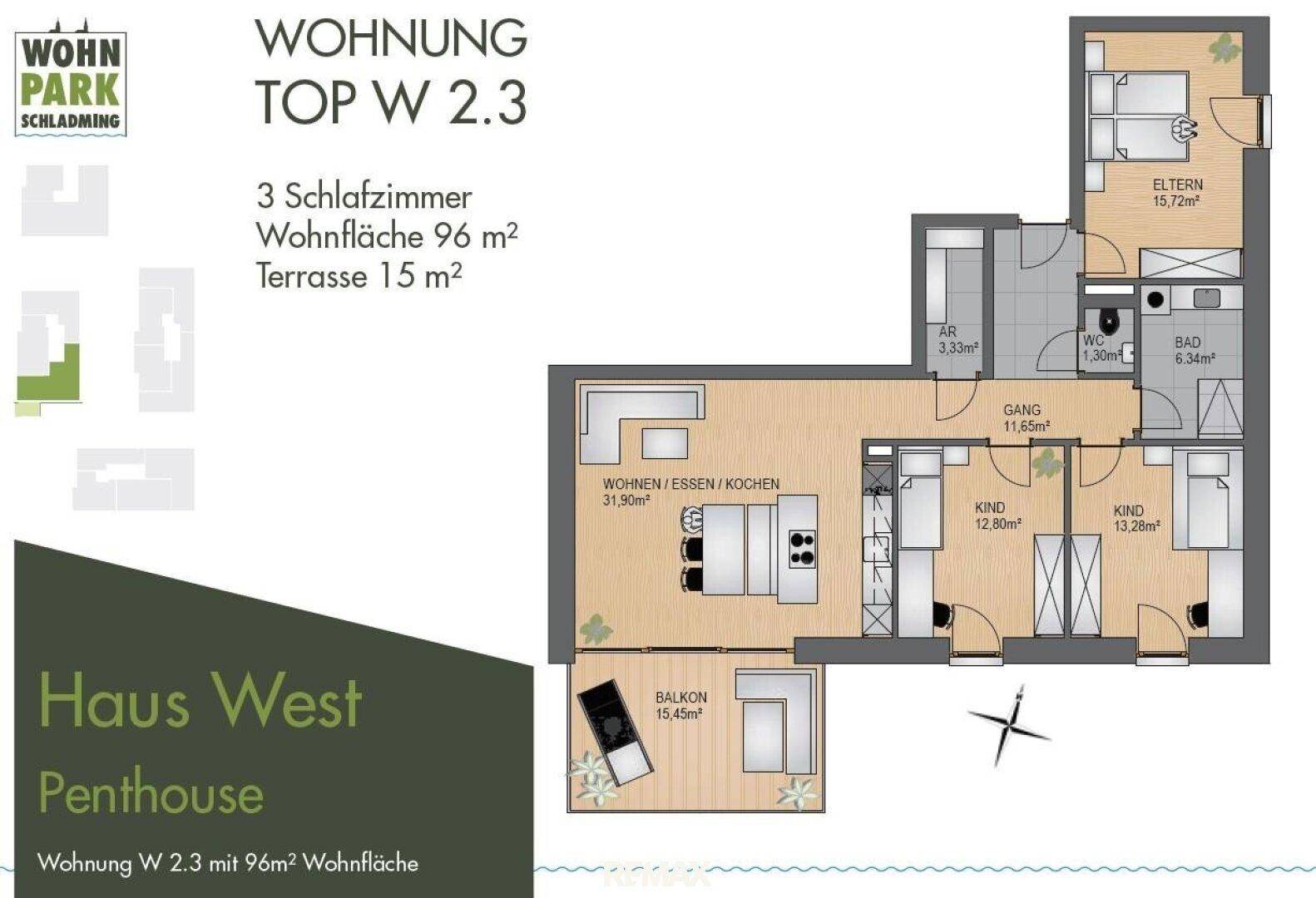 Grundriss einer Penthouse-Wohnung mit drei Schlafzimmern, offenem Wohnbereich und Balkon.