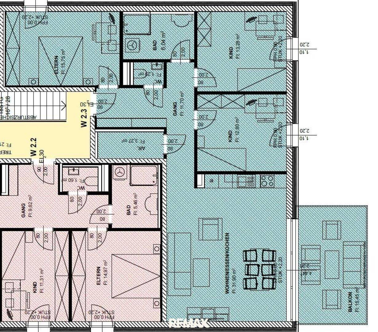 Detaillierter Grundriss von zwei Wohneinheiten mit Schlafzimmern, Bädern und offenem Wohnbereich.
