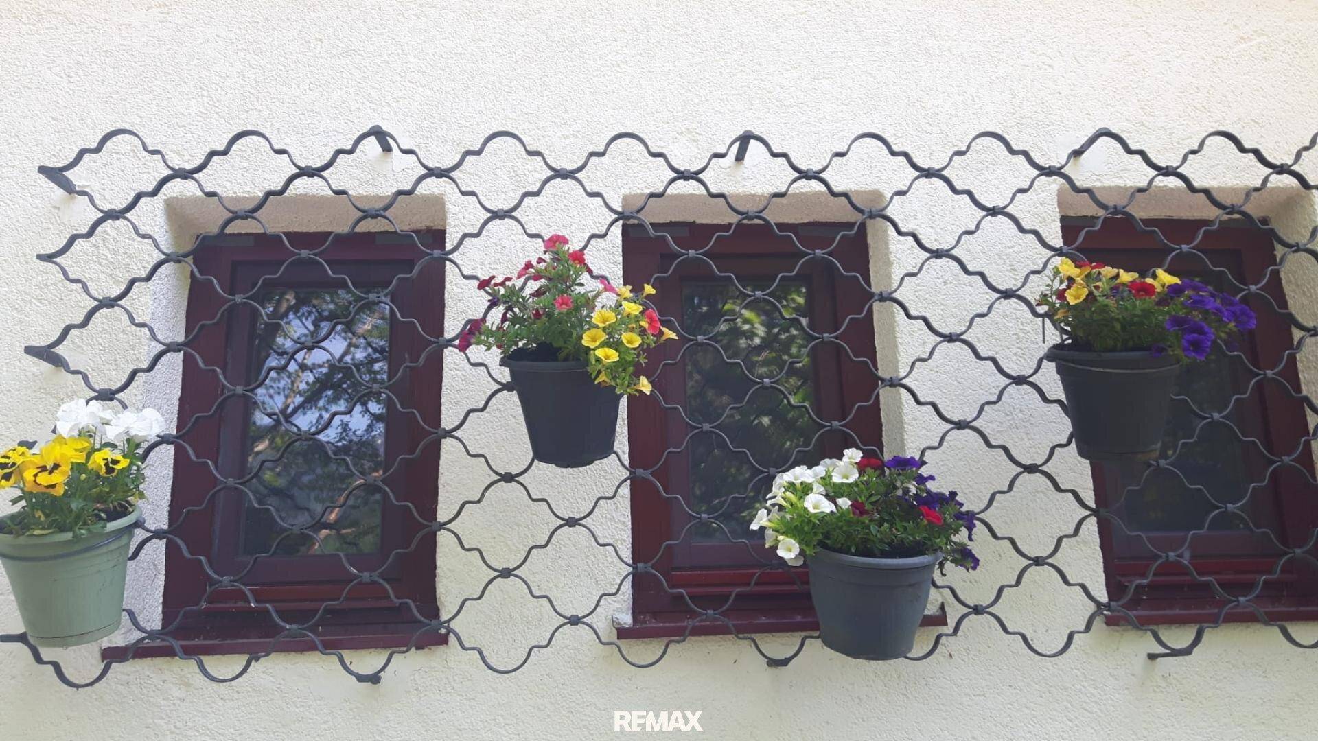 Fenster mit dekorativen Eisengittern und bunten Blumenkästen, die die Fassade schmücken.