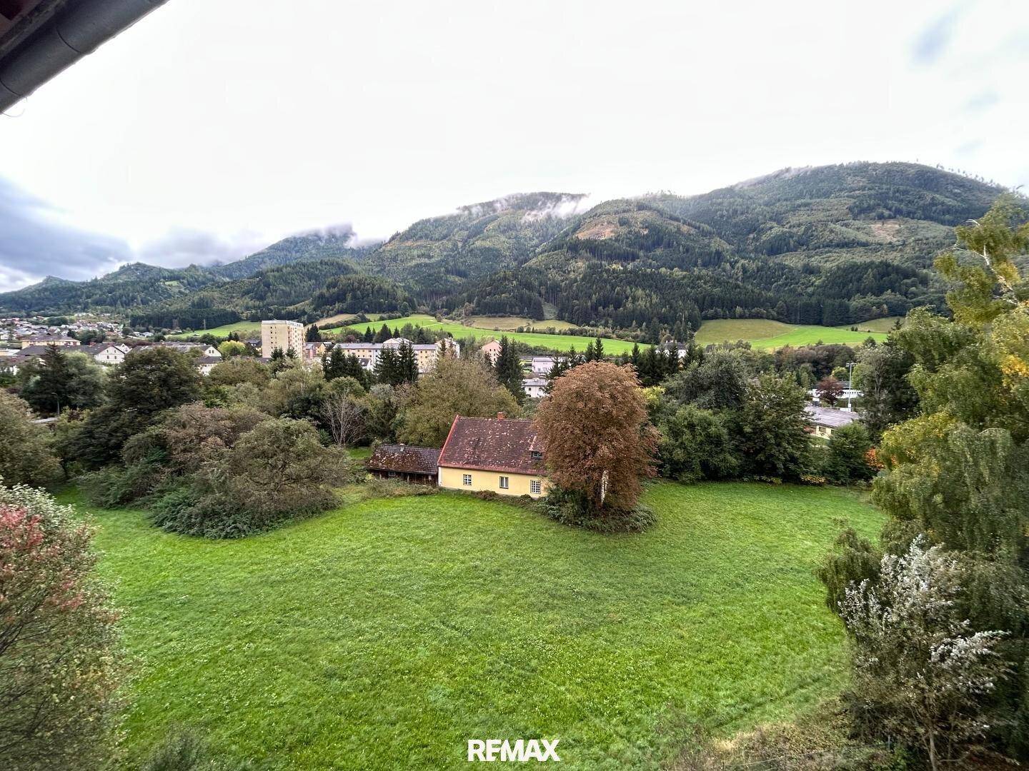 Panoramablick von der Wohnung auf die umliegende grüne Landschaft und die majestätischen Berge.