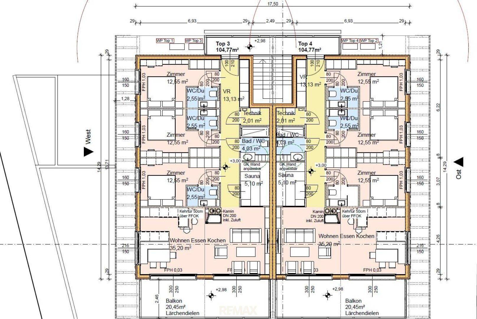 Detaillierter Grundrissplan der Wohneinheiten mit Zimmeraufteilung, Sauna und Balkonen.