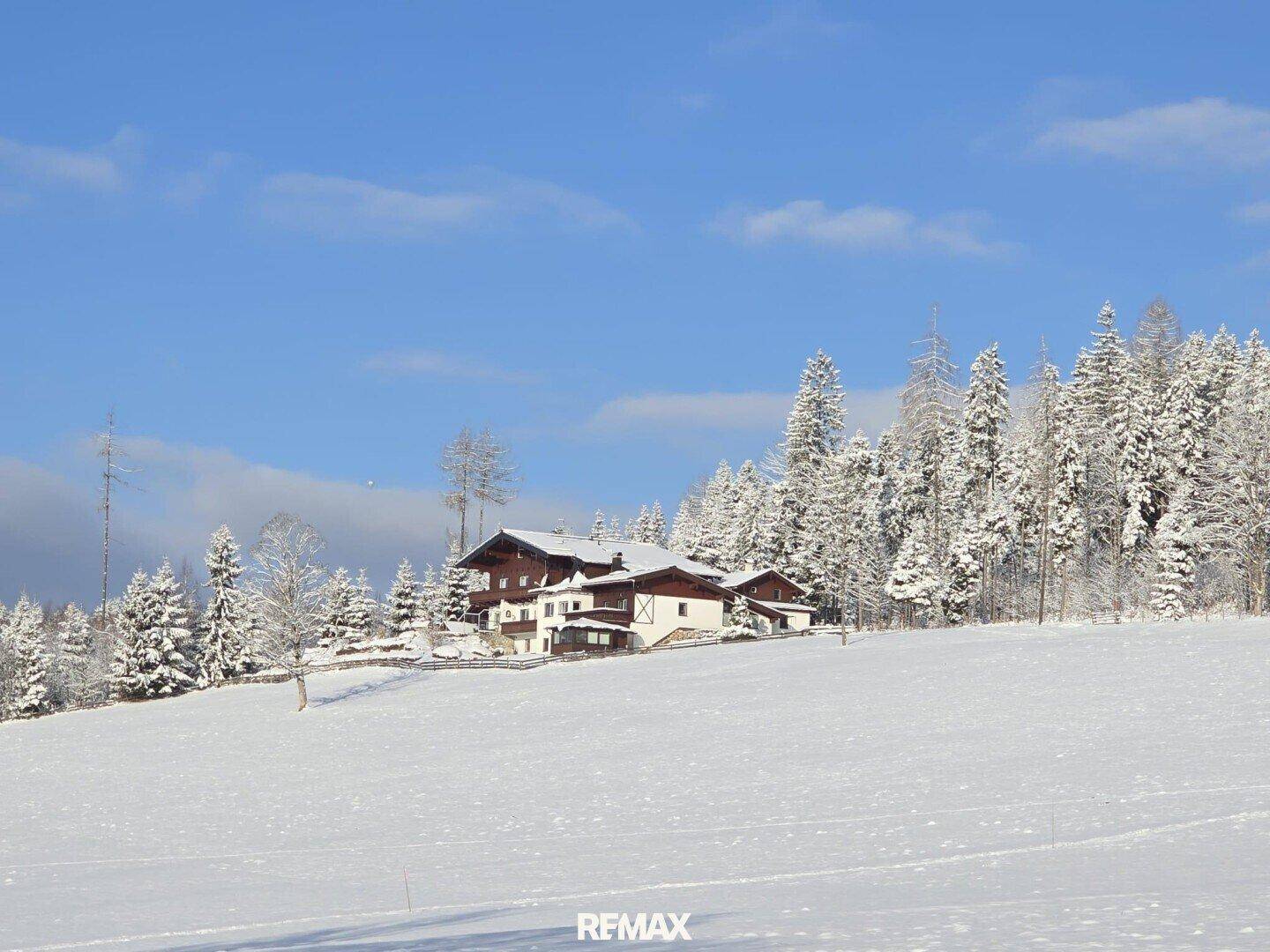 Haus in einer weiten, schneebedeckten Landschaft mit klarem Himmel und bewaldeten Bergen im Hintergrund.
