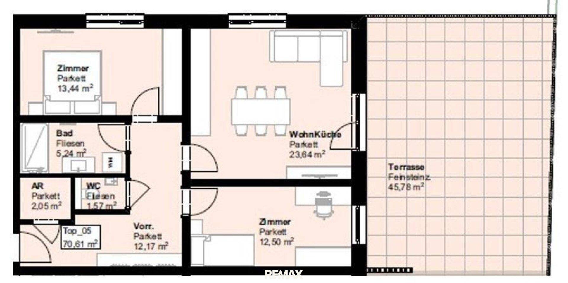 Grundriss einer Wohnung mit offener Wohnküche, zwei Zimmern und großer Terrasse.