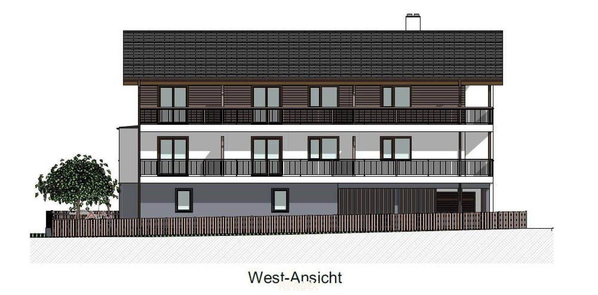West-Ansicht des Gebäudes mit Balkonen und Satteldach, zeigt die seitliche Fassade.
